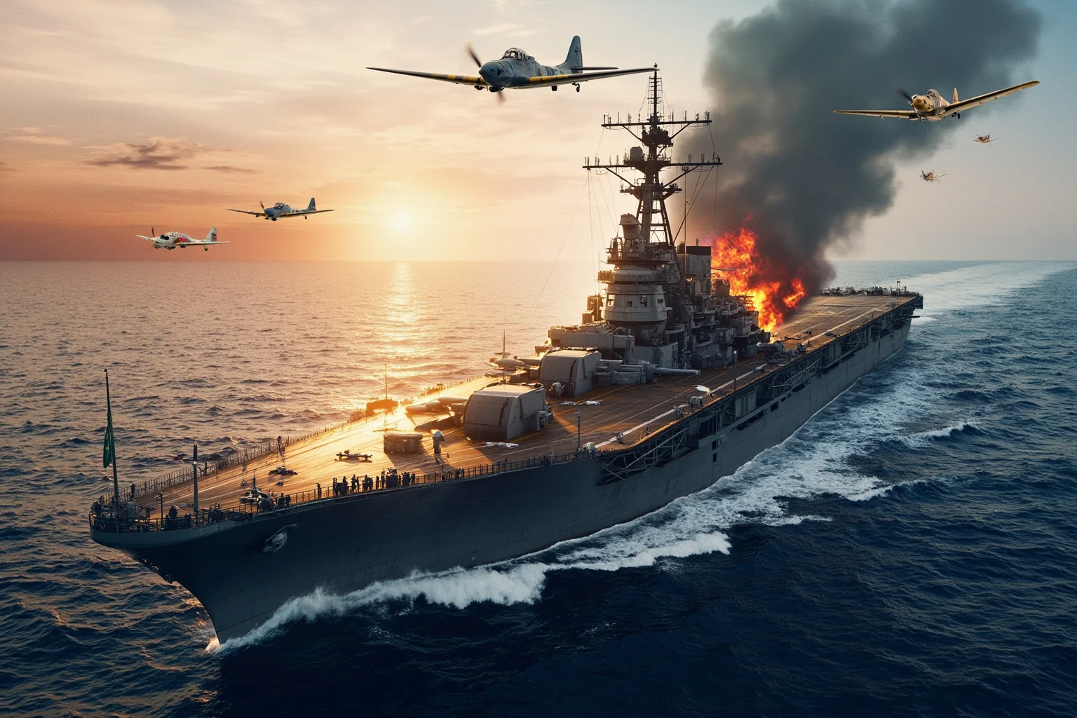 World War Two aircraft carrier on fire at sea with fighter planes overhead, 1940s naval battle style