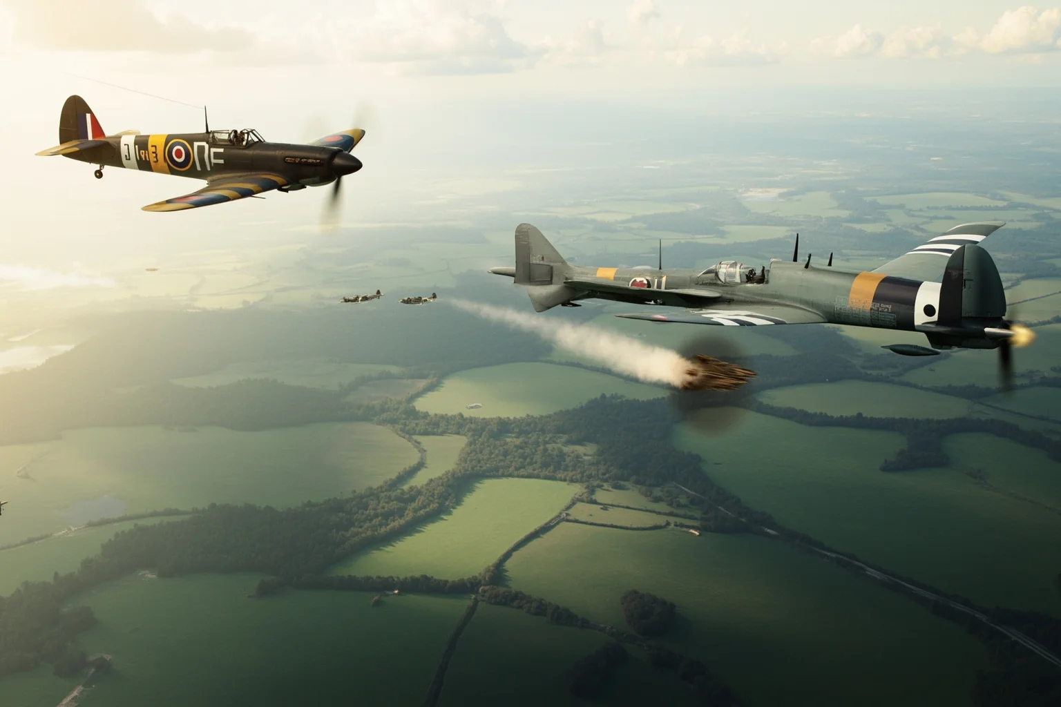 World War Two Royal Air Force fighter planes in dogfight formation over the English countryside, 1940s style