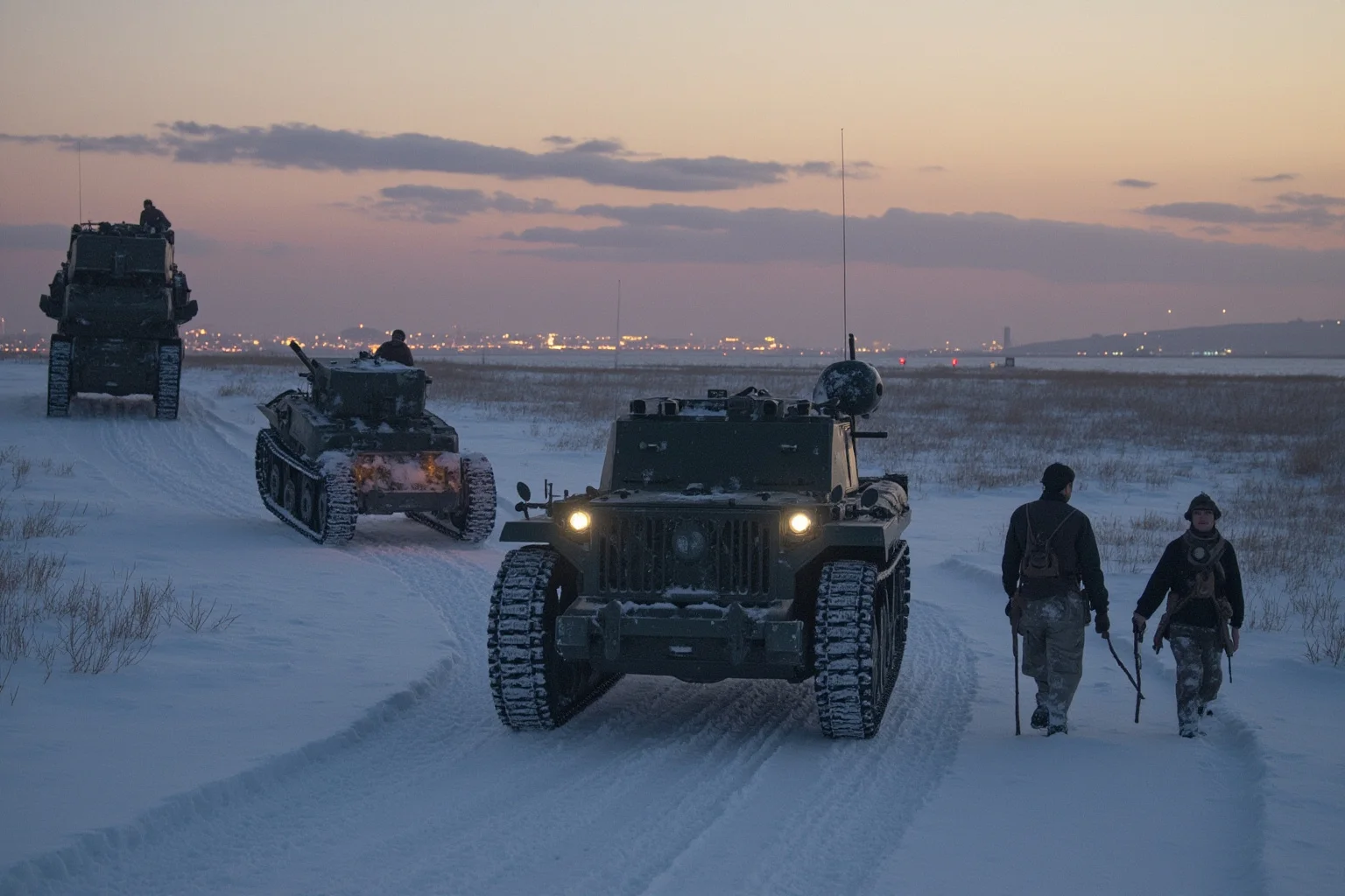 World War Two soldiers and tanks struggling through snow near a distant city skyline at dusk