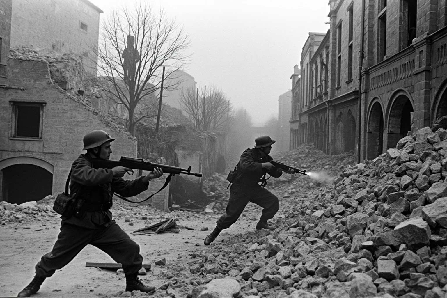 World War Two soldiers fighting amid ruined city buildings and rubble in a harsh winter setting