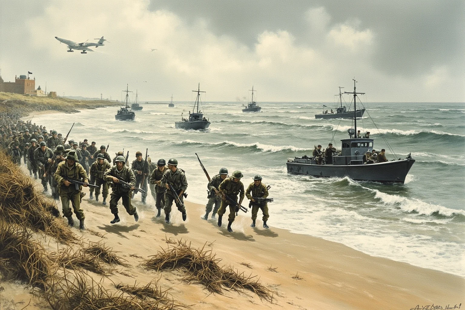 World War Two soldiers landing on a beach from military boats under overcast skies, D-Day style illustration