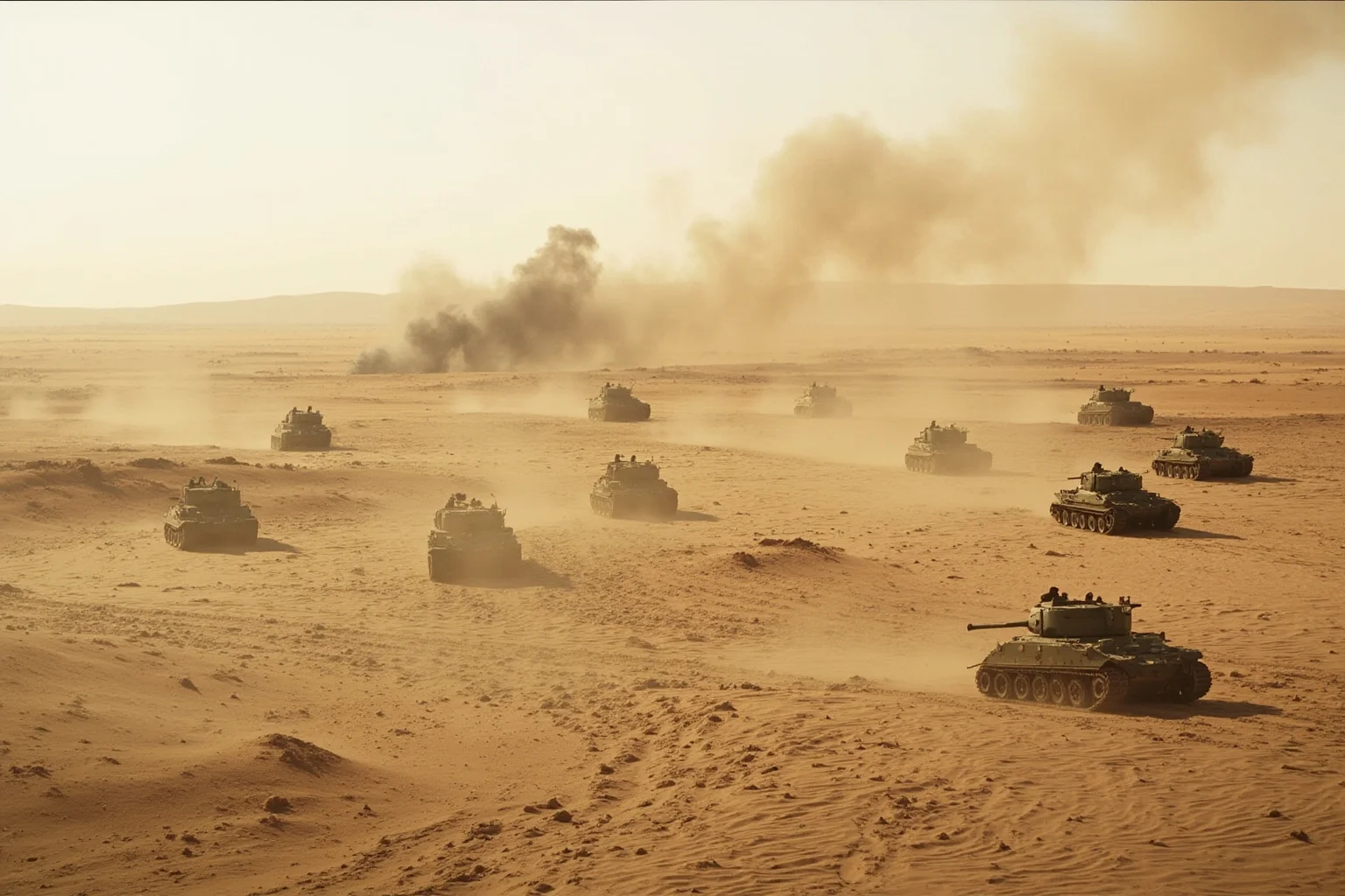 World War Two tanks and infantry advancing across a desert landscape with dust clouds, North Africa setting