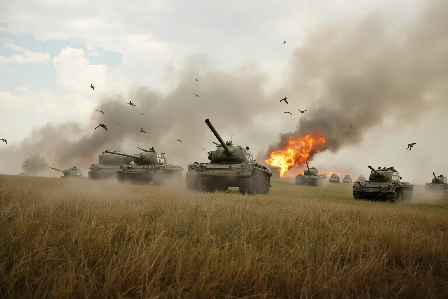 World War Two tanks in a massive open field battle formation with smoke and dust, Eastern Front style