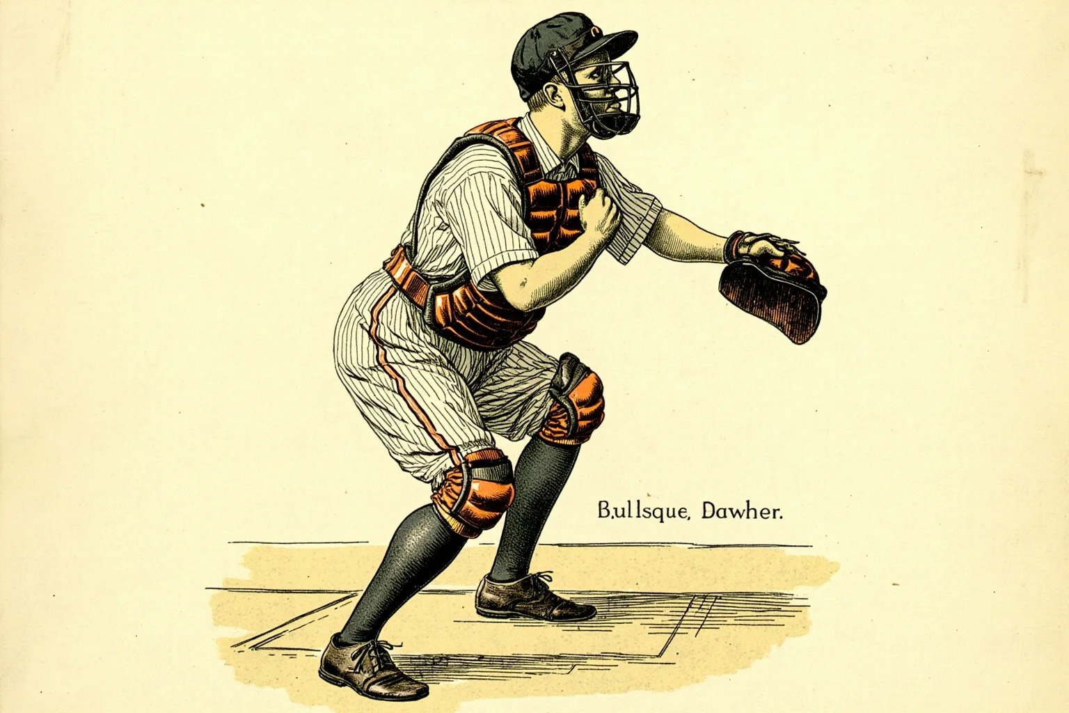 Worst Baseball Players Of All Time: 20 Infamous MLB Legends Everyone Remembers 2 Vintage-style illustration of an early 1900s baseball catcher crouched behind home plate in old-fashioned gear