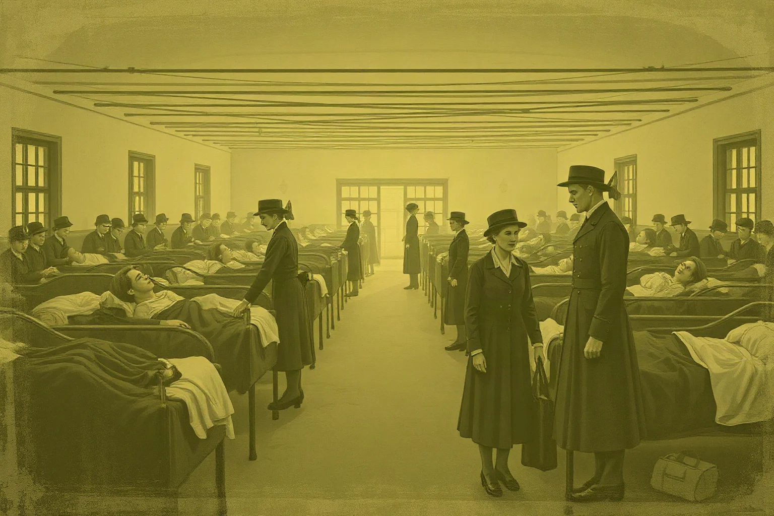 A faded historical illustration style image of an overcrowded field hospital during a 1918-style flu pandemic, nurses in period uniforms tending to patients in cots, muted sepia tones
