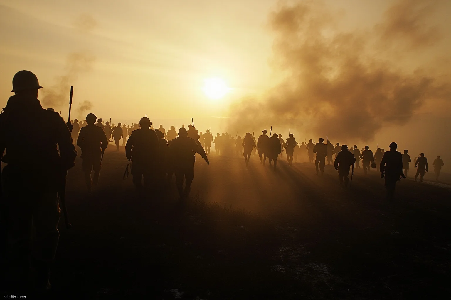 WWI battlefield at dawn with soldiers going over the top from trenches into a smoke-filled no-man's land