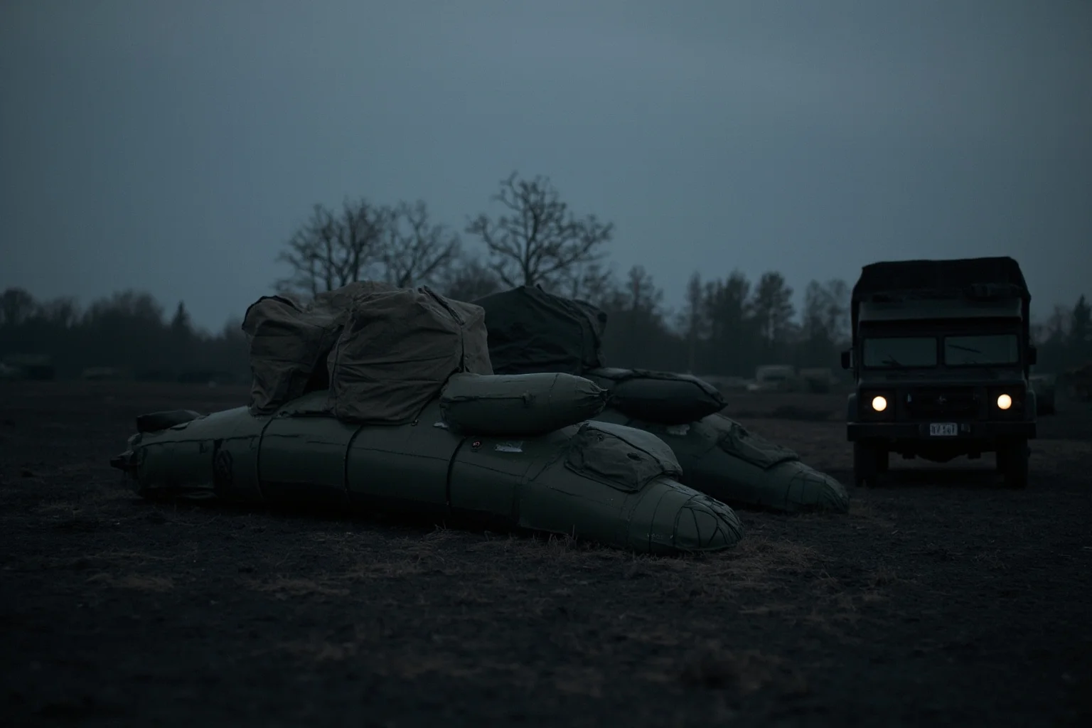 WWII army camp at dusk with inflatable decoy tanks and canvas trucks, muted olive-drab color palette