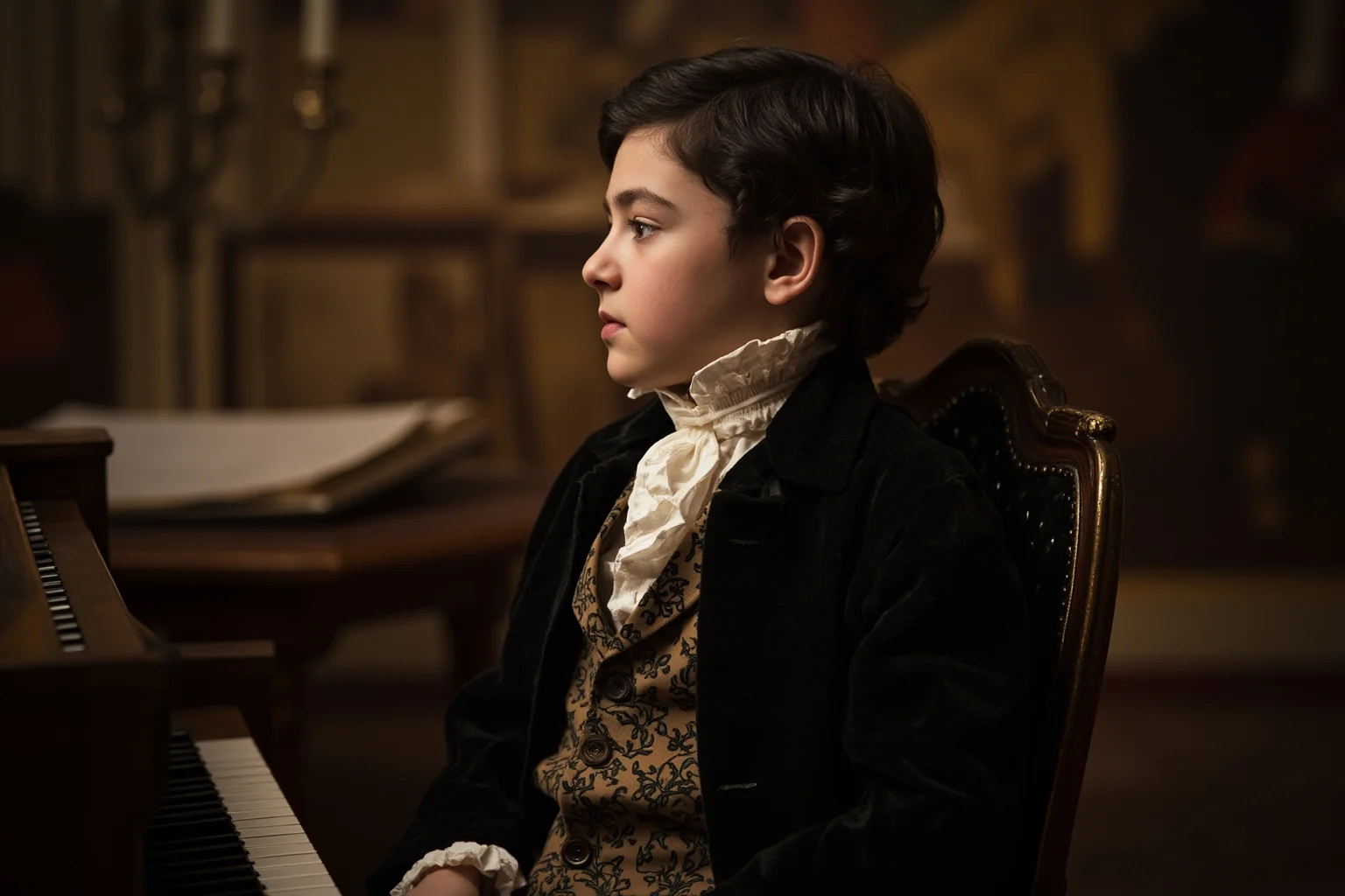 Young 18th century composer in formal court attire seated at a harpsichord in an elegant music room