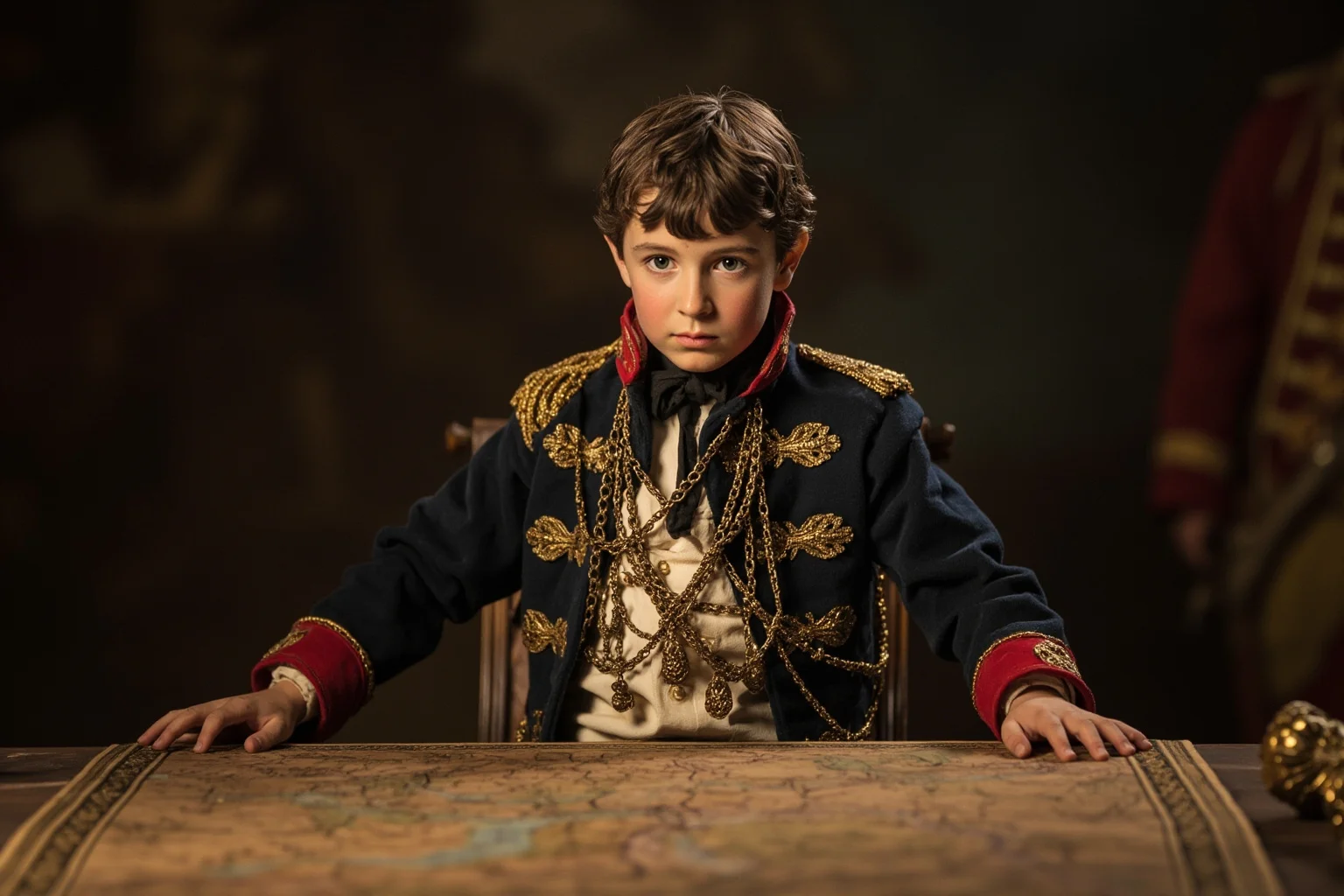 Young 18th century French military general in an ornate officer's uniform standing before a map table planning strategy