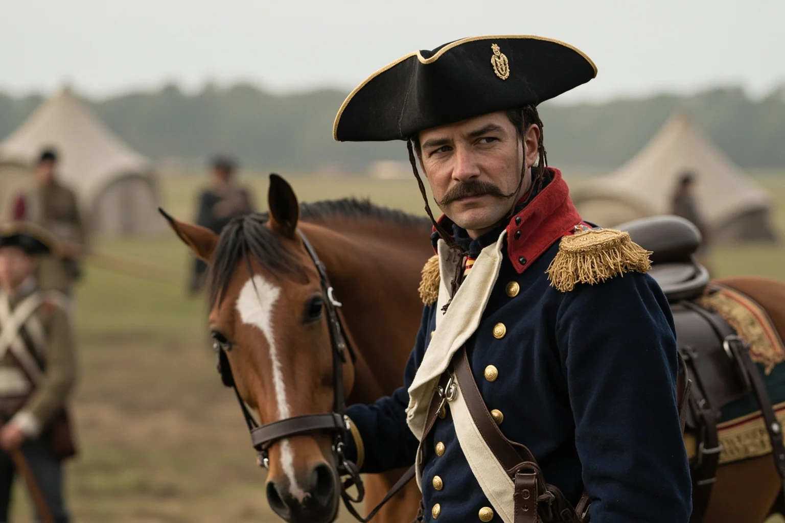 Young 18th century military officer in a French-American style uniform standing beside a horse near a battlefield camp