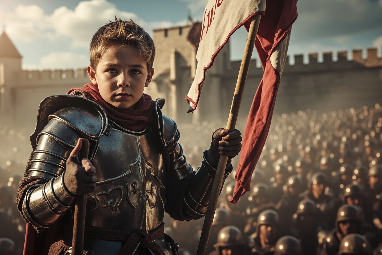 Young armored figure holding a banner before a besieged medieval French city wall