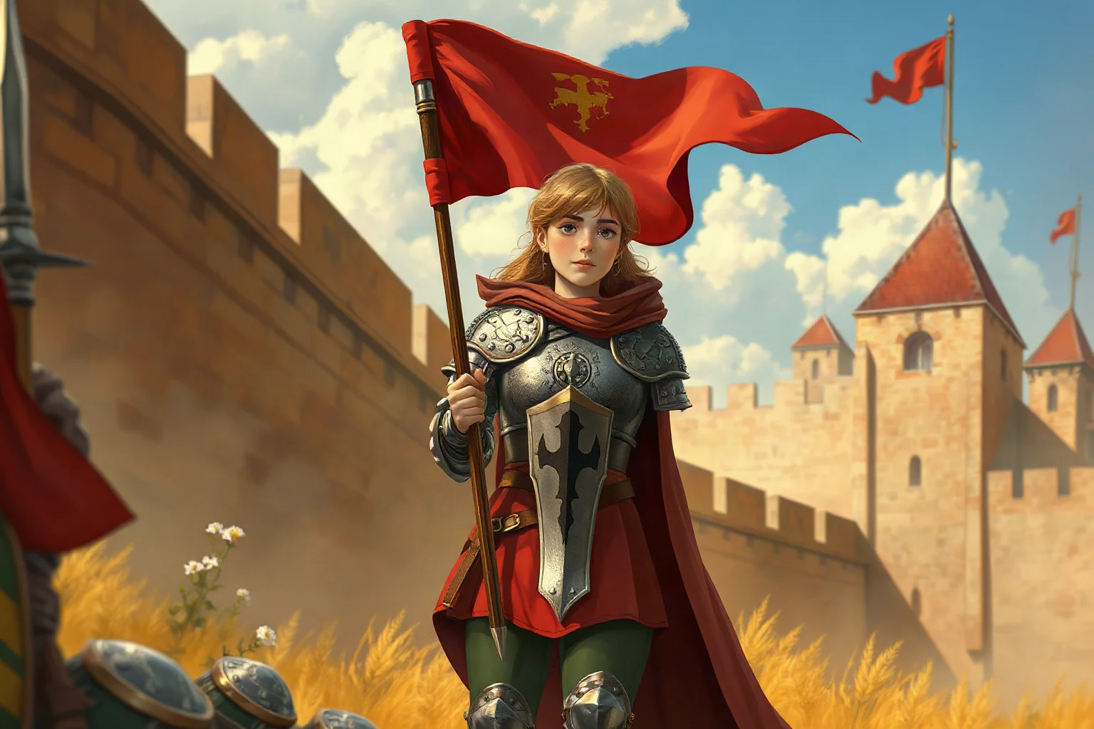 Young armored maiden holding a banner leading medieval French soldiers at a besieged city wall, illustrative historical style