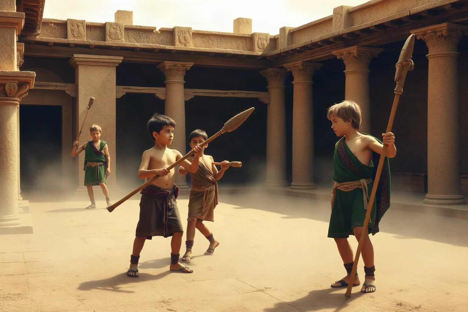 Young boys in ancient Greek tunics training with wooden staffs in a dusty Spartan courtyard, historical illustration