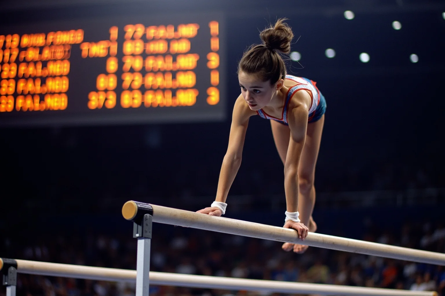 Female Athletes In History Who Changed The Game 15 Young female gymnast performing on uneven bars in a 1970s Olympic arena, scoreboard glowing in the background