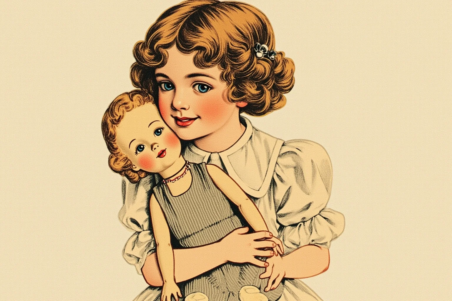 Biggest Fads Throughout American History 10 Young girl with ringlet curls holding a vintage doll, 1930s style illustration