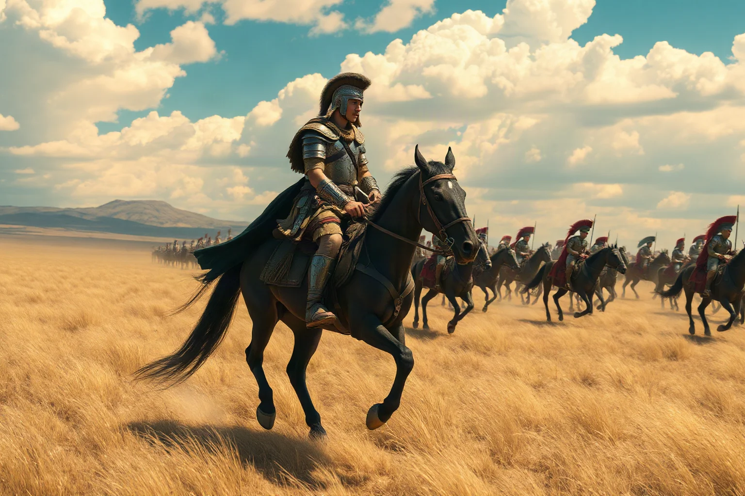 Young Greek conqueror in armor on horseback leading an army across a vast plain