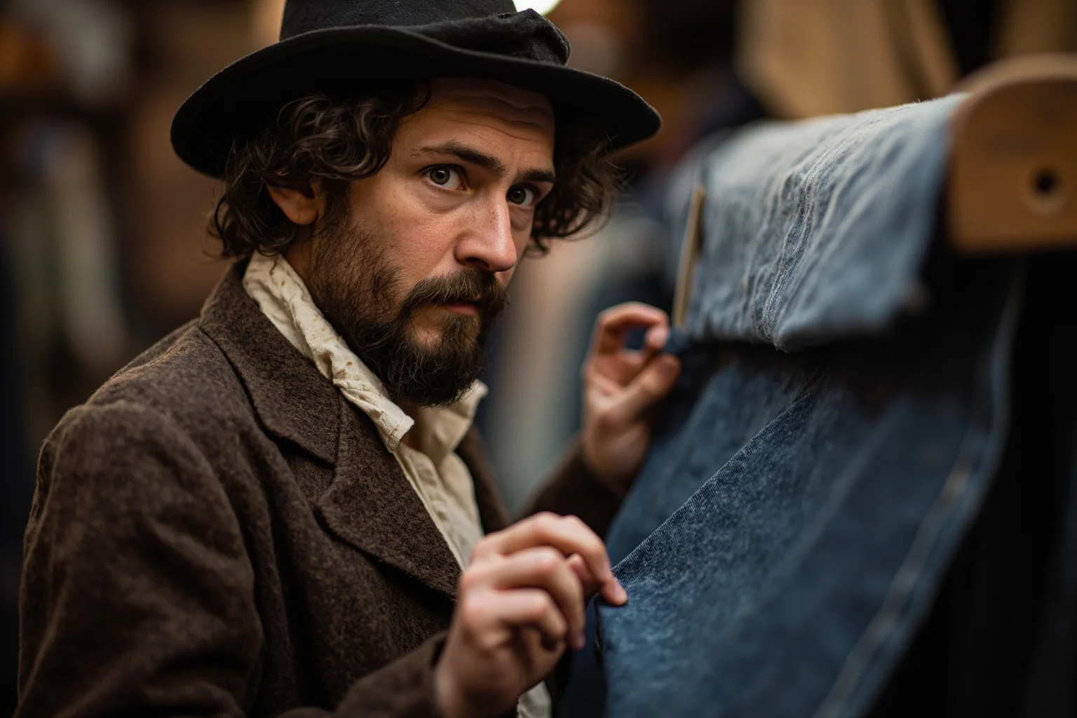 Young man in 1840s clothing examining bolt of denim fabric in a dry goods shop