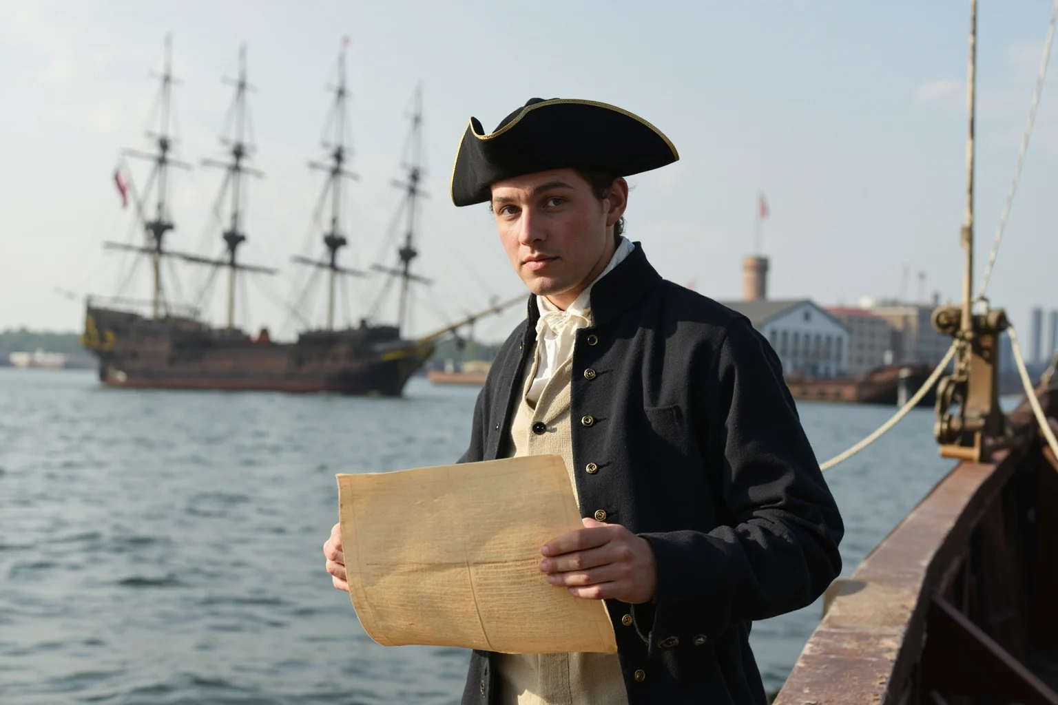 Young man in 18th century clothing standing in New York harbor with ships in background, holding papers