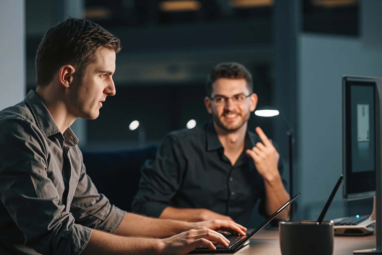 Young man of Russian descent in modern startup office environment working on computer