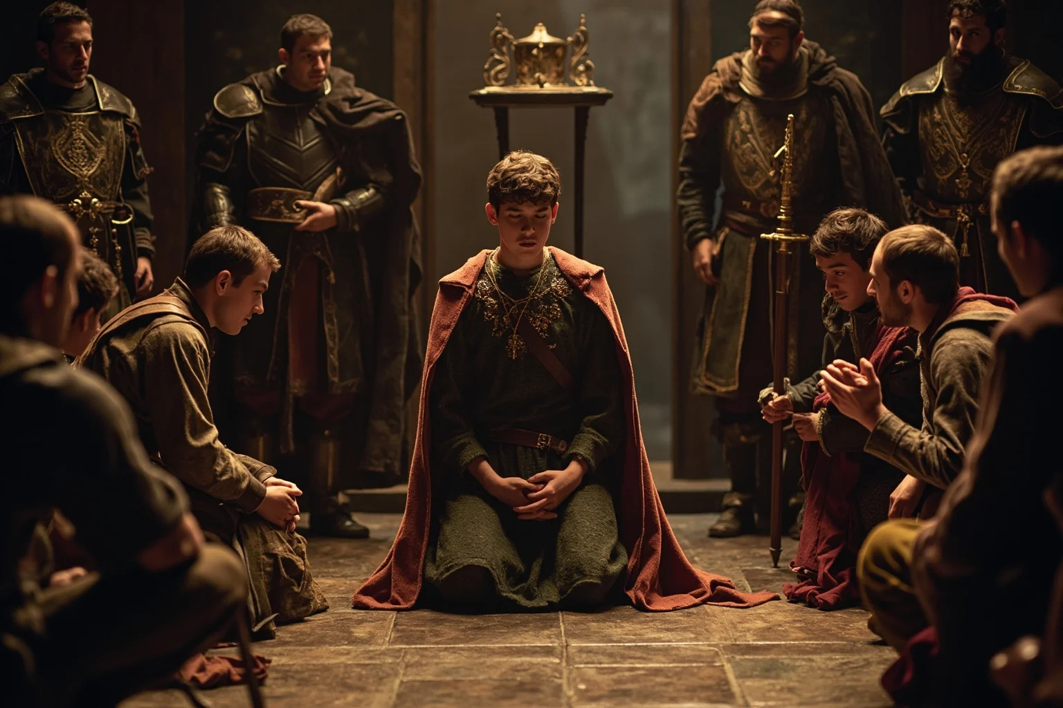 Young medieval king kneeling in submission, with nobles and guards surrounding him in a stone palace chamber