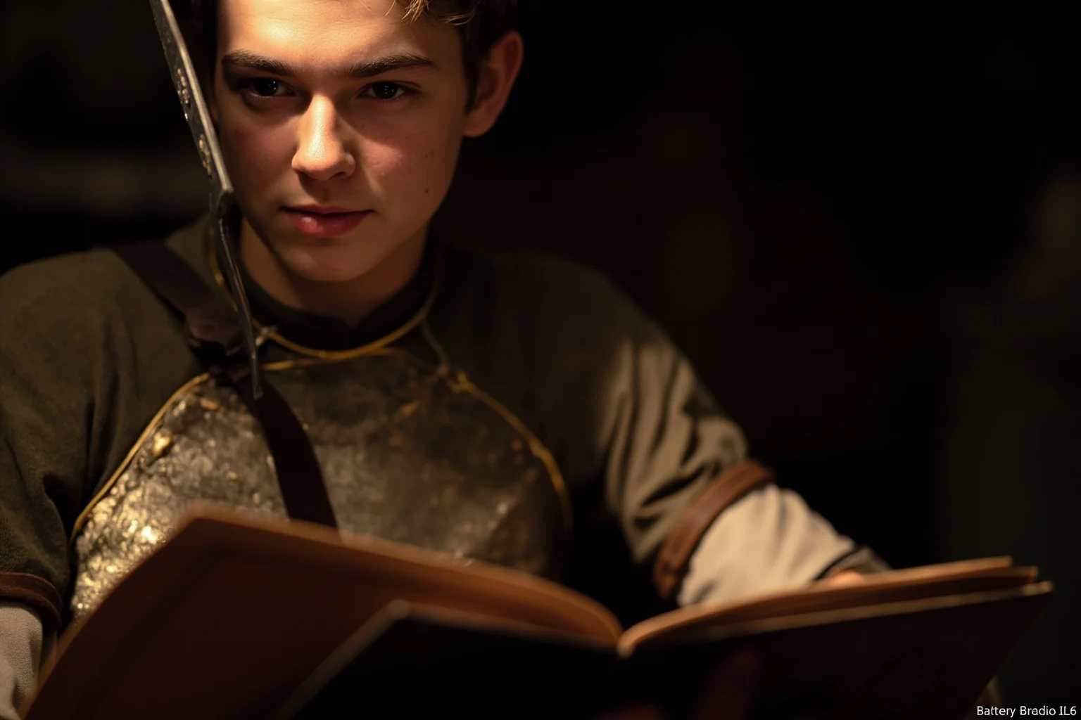 Young military commander in classical armor studying an ancient text by lamplight