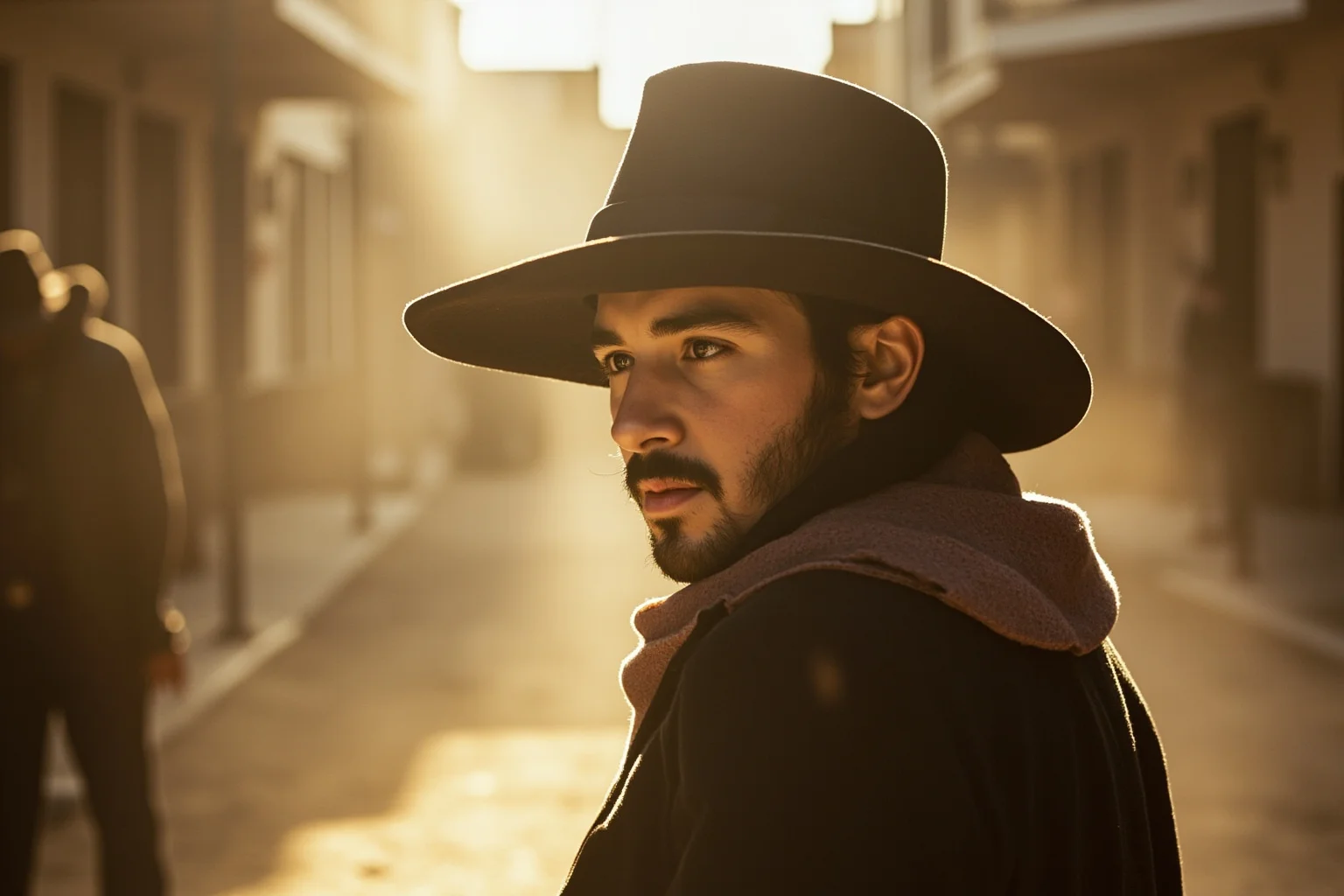 Young outlaw in a wide-brim hat and duster coat standing in a dusty Old West street