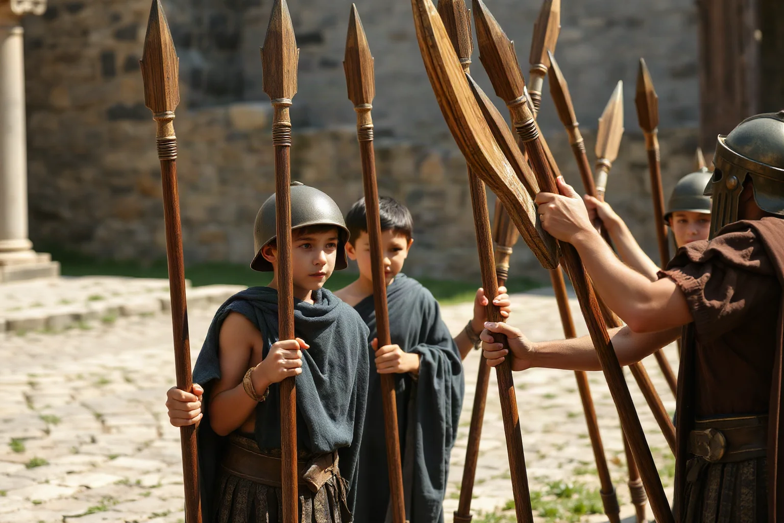 Young Spartan boys training with wooden spears under the supervision of an instructor, agoge scene
