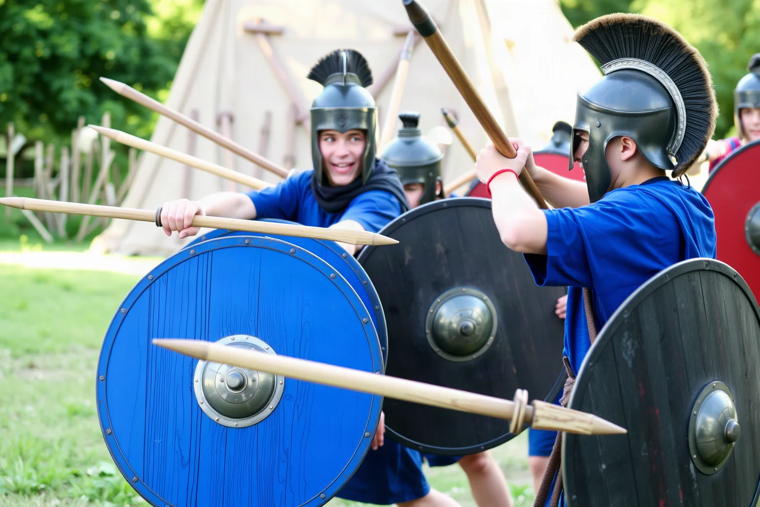 Young Spartan boys training with wooden swords and shields under a strict instructor outdoors