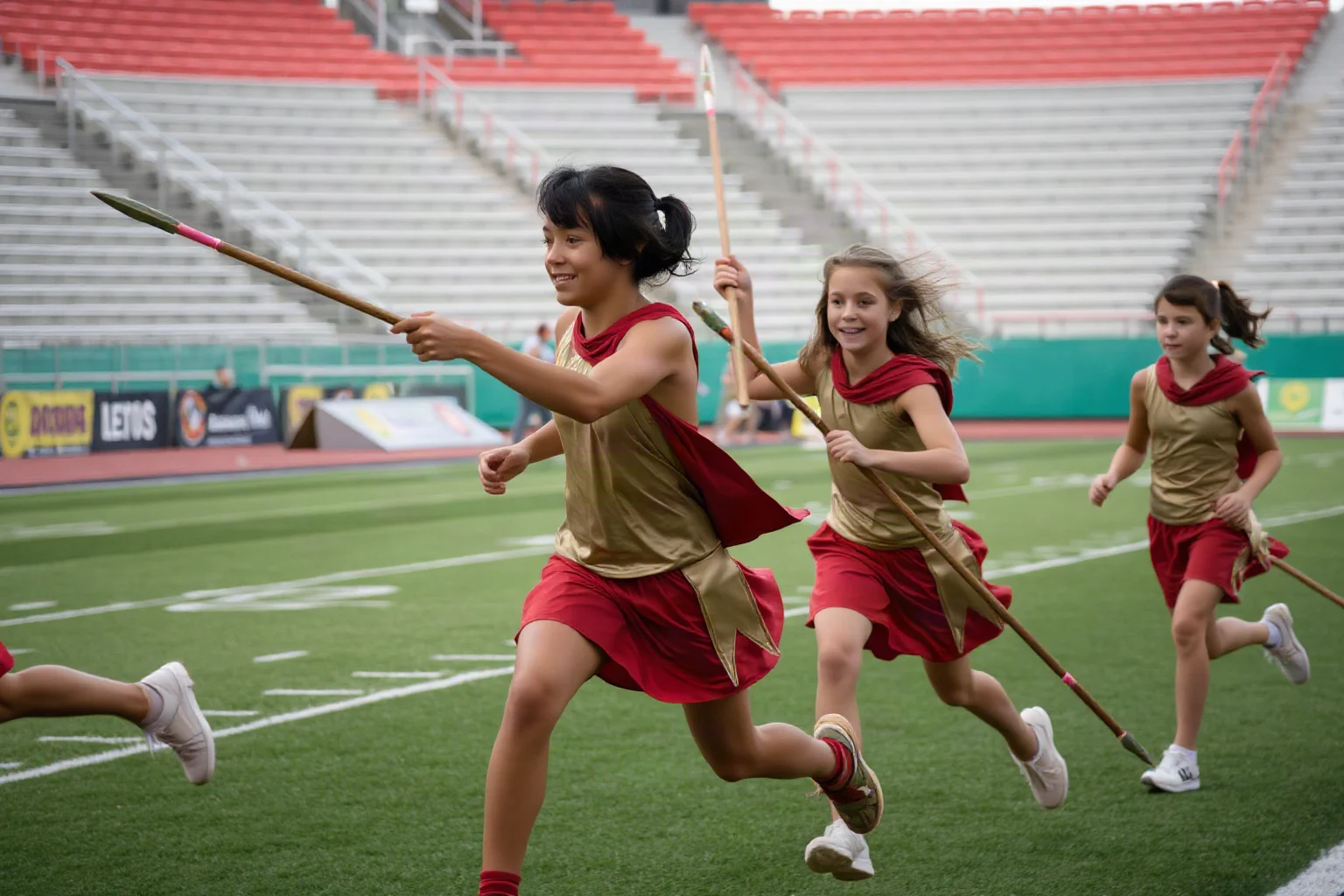 Young Spartan girls running and throwing javelins in an athletic training ground