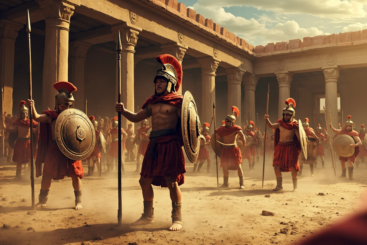 Young Spartan warriors training with wooden spears in a dusty ancient Greek courtyard, historical illustration