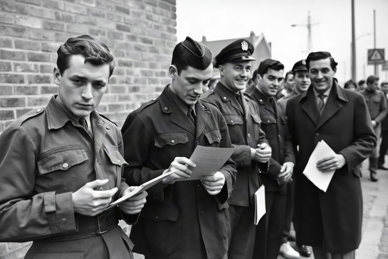 Young working-class men receiving military draft notices and uniforms while wealthier peers watch from the sidelines
