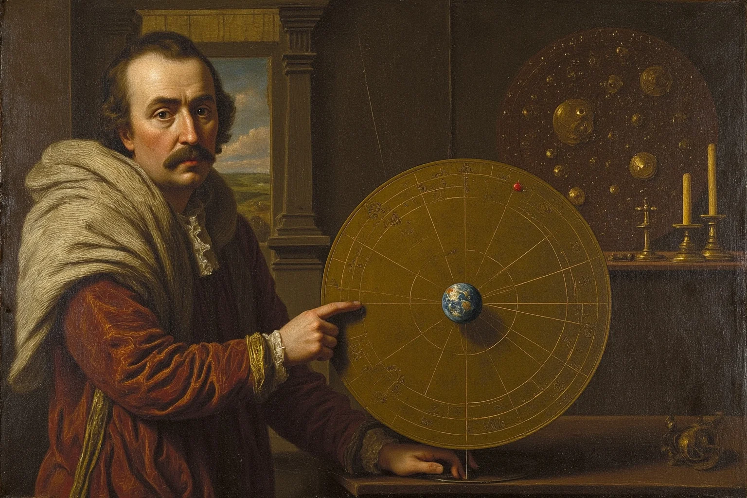 16th-century astronomer in an observatory with a brass quadrant and hybrid planetary diagram, Earth at center and Sun orbiting, no recognizable face, no text.