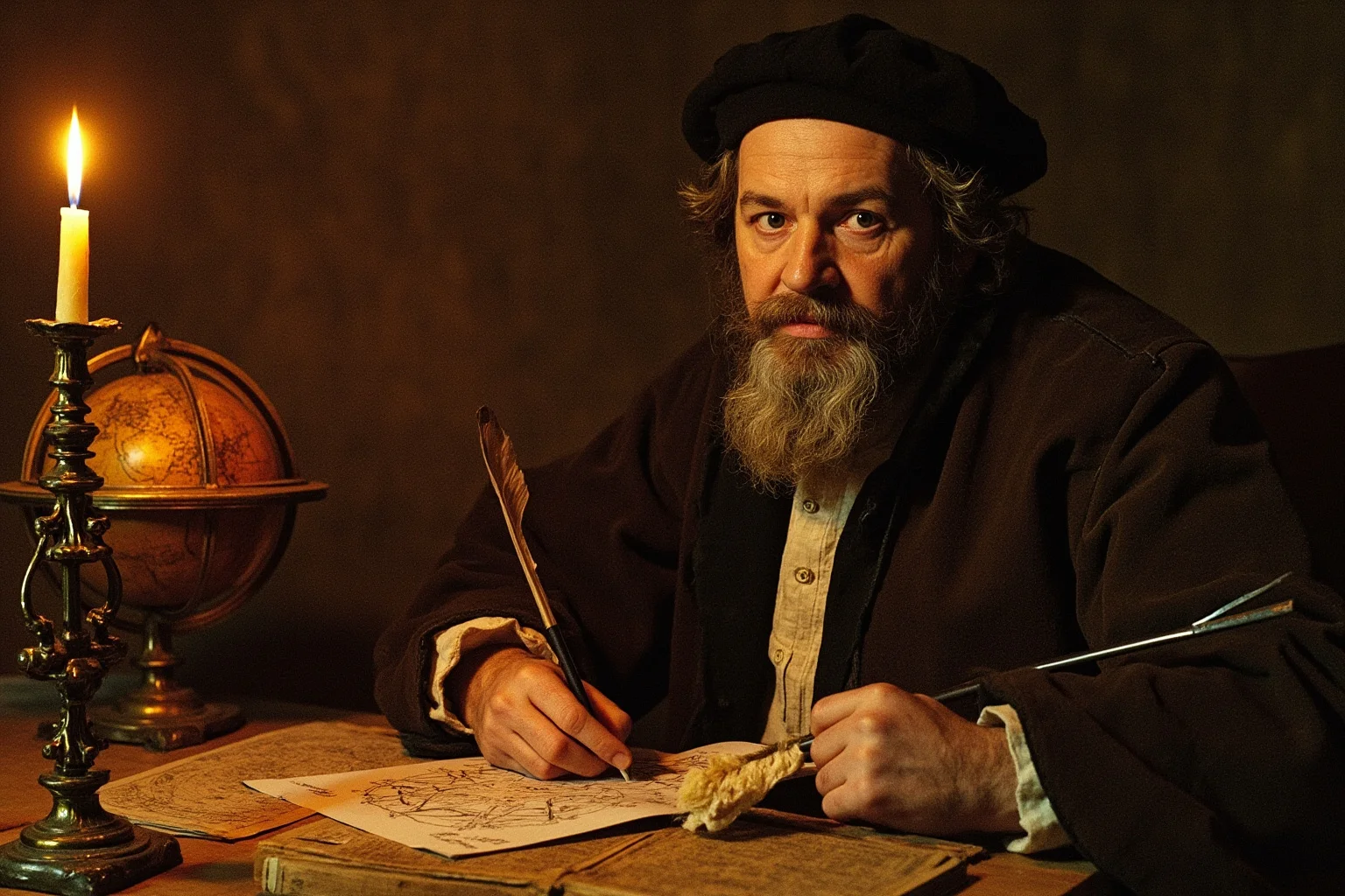 16th-century scholar at a candlelit desk with heliocentric diagrams and celestial globe, quill and book, no recognizable face, no text.