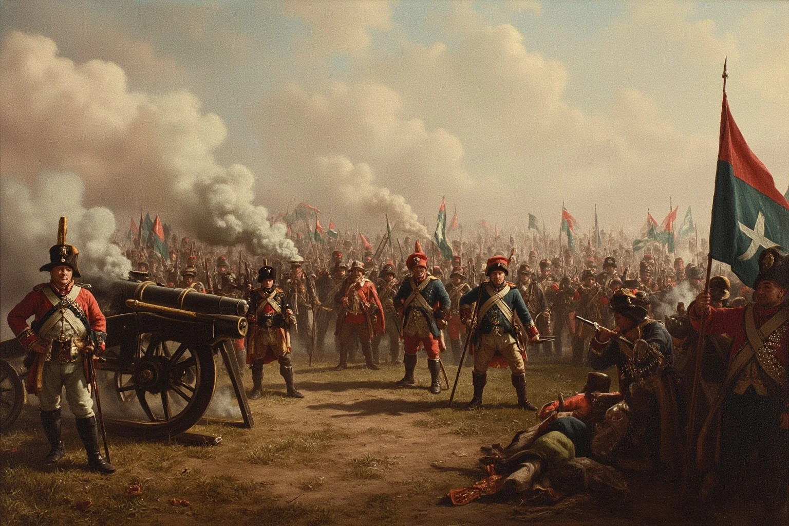 17th-century European infantry and artillery in combined formation, smoke and banners, painterly battle scene