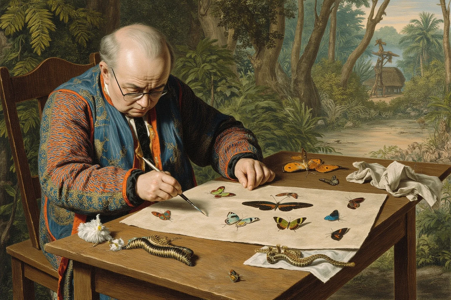 17th-century naturalist illustrator painting detailed butterflies and caterpillars at a table in a Surinamese tropical garden