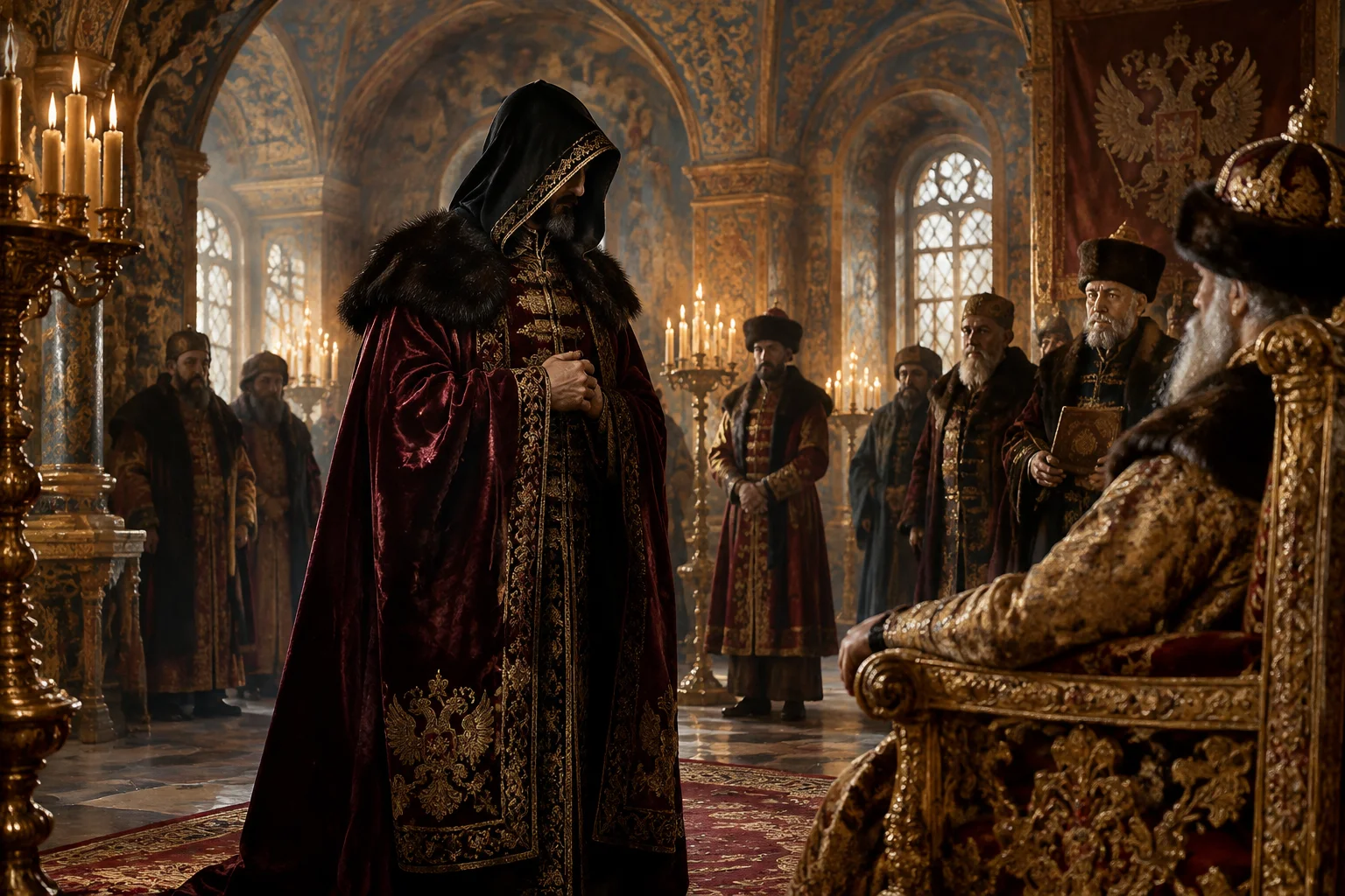 17th-century Russian palace interior with a mysterious claimant in dramatic robes, historical illustration, no recognizable real individual