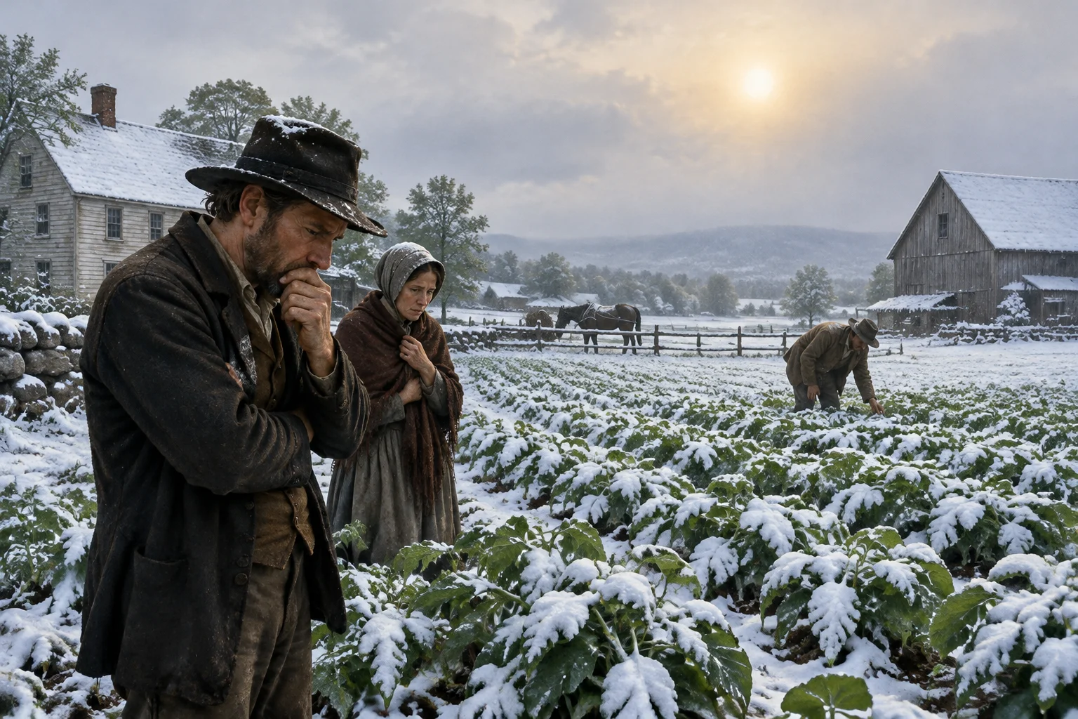 1816 New England farm with snow on green crops in June, worried farmers, pale sun