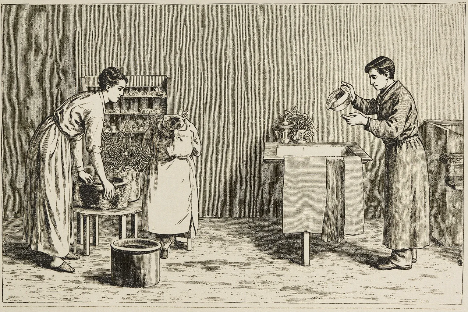 1840s hospital maternity ward with a doctor washing his hands in a basin, historical illustration style