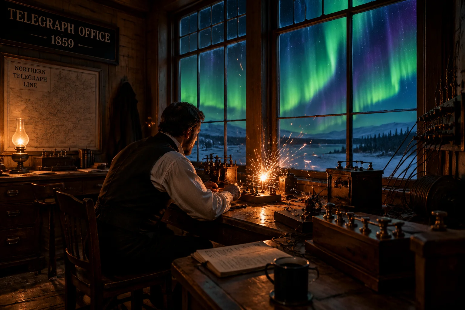 1859 telegraph office with sparks flying from equipment, aurora borealis visible through windows