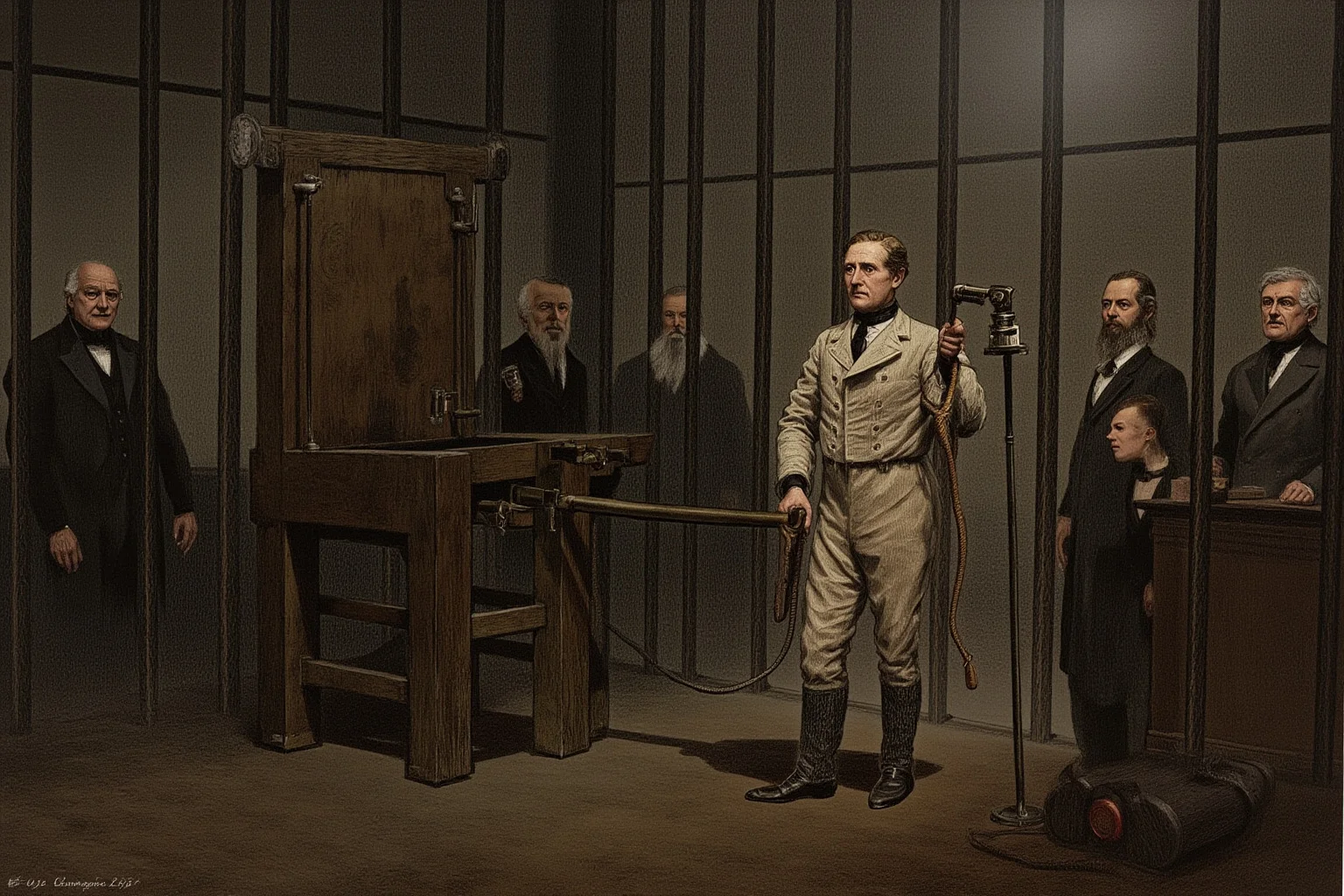 Executions Gone Horribly Wrong: 28 Botched Executions That Shocked History 16 1890s prison chamber illustration with an oak electric chair and heavy cables, witnesses in stiff collars behind glass, gaslight, subdued colours.