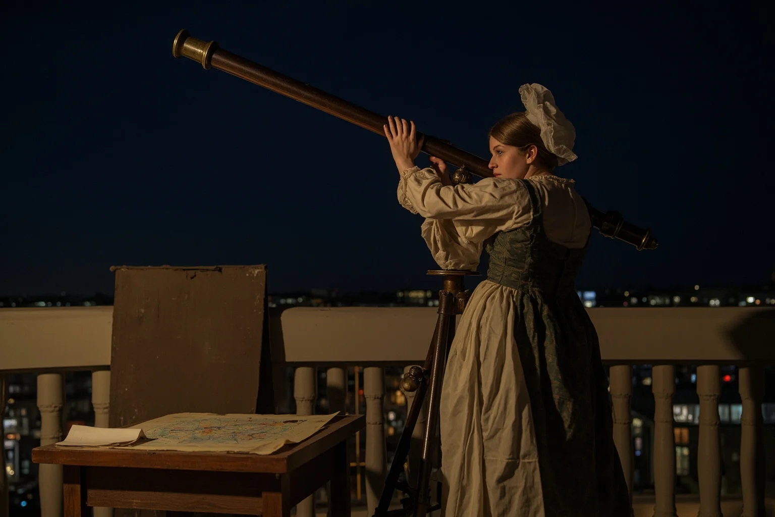 18th-century female astronomer looking through a telescope on a rooftop at night, star charts and notes on a table nearby