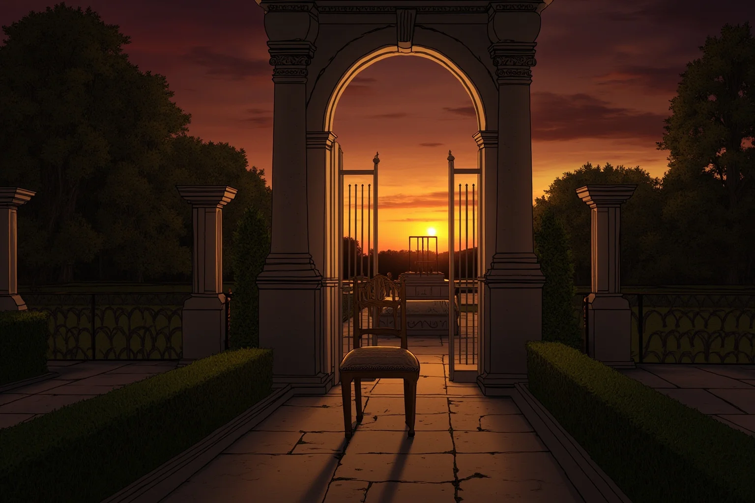 18th-century French palace garden with a lone empty gilded chair and a distant guillotine silhouette at sunset, moody illustrated style