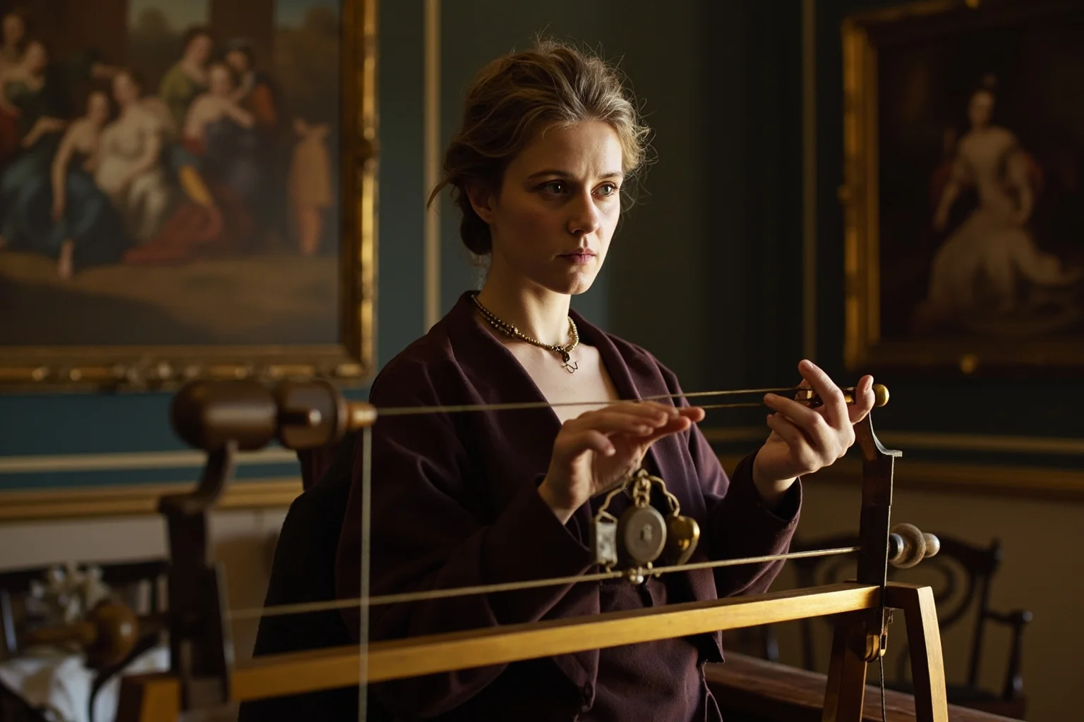 18th-century French woman scientist conducting an experiment with weights and a pendulum in an elegant salon study
