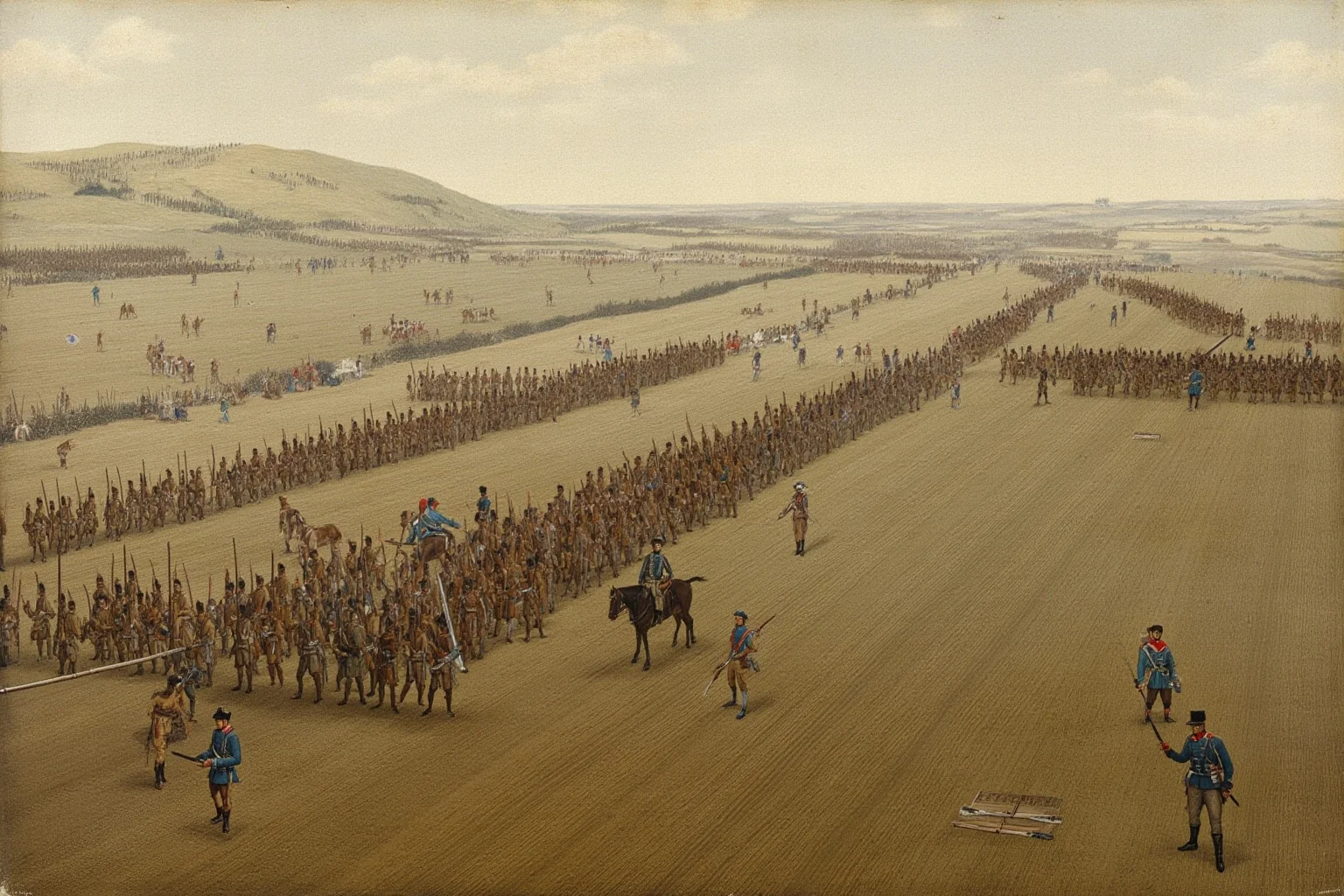18th-century Prussian infantry maneuvering in precise lines, rolling hills, muted colors, historical painting style
