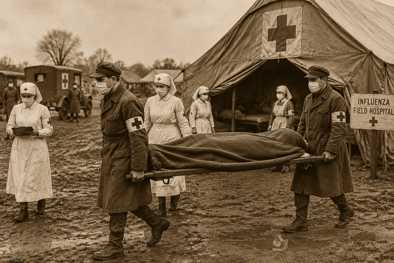 1918 flu pandemic scene with masked nurses and stretcher bearers outside a field hospital, sepia tones