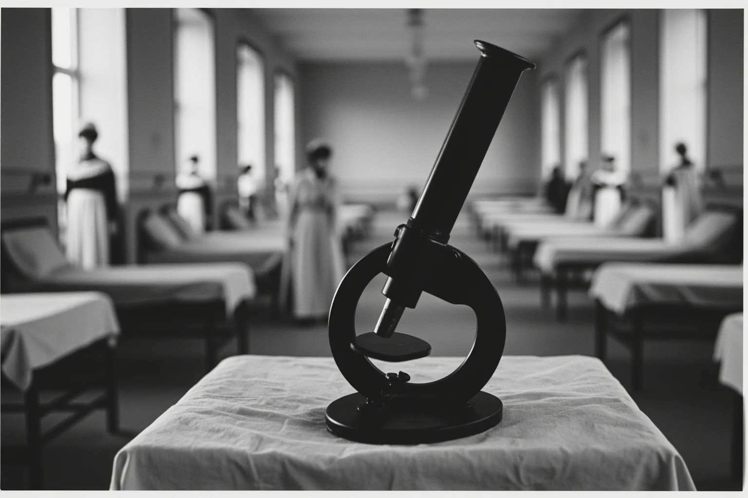 1918 influenza ward with rows of cots and masked nurses, historical photograph style, with microscope in the foreground
