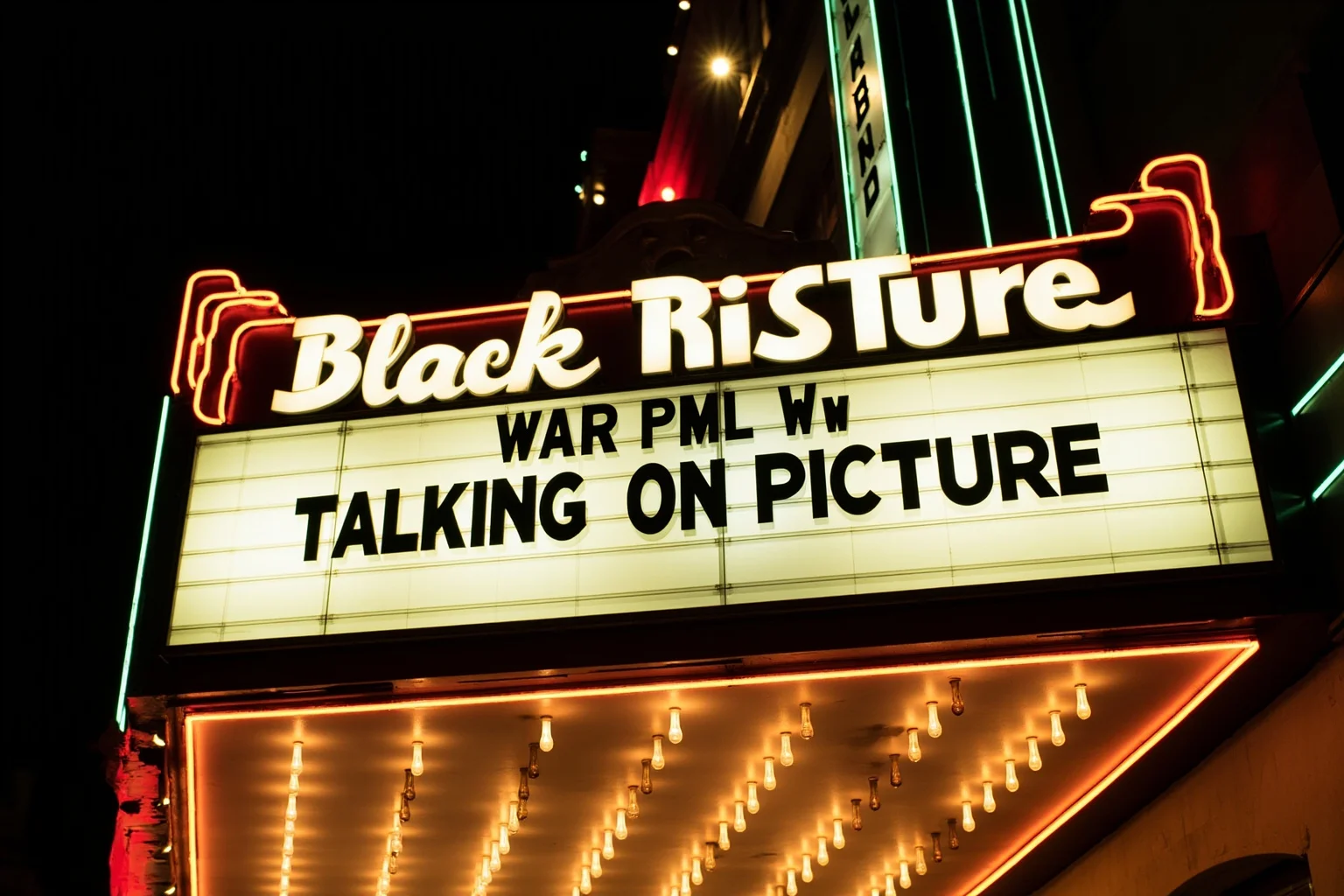Things Americans Did First Before Any Other Country 13 1920s movie theater marquee advertising a new talking picture, with art-deco styling and glowing bulbs.