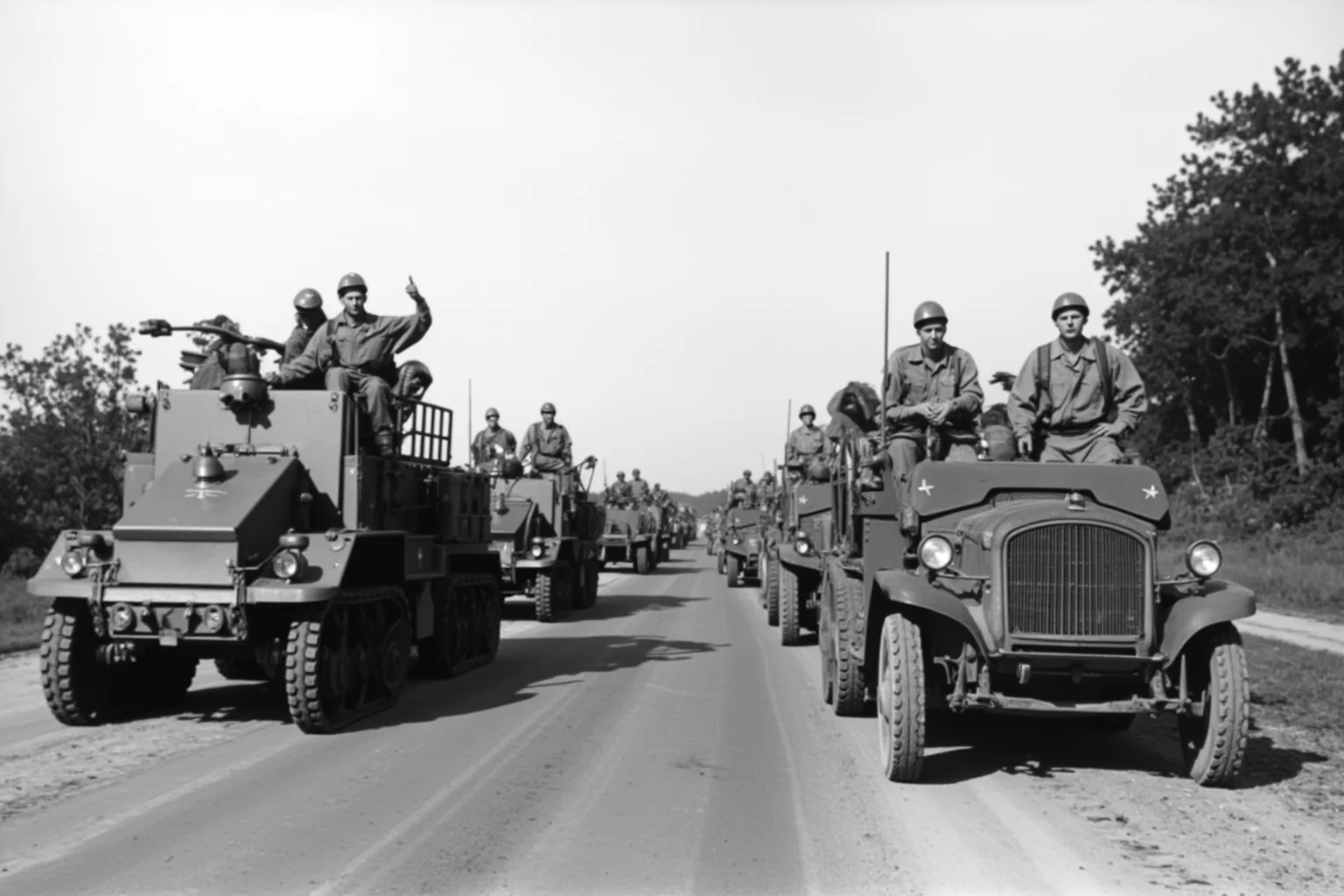 1930s armored vehicles and motorized infantry in combined formation on a dusty road, period machinery, no insignia