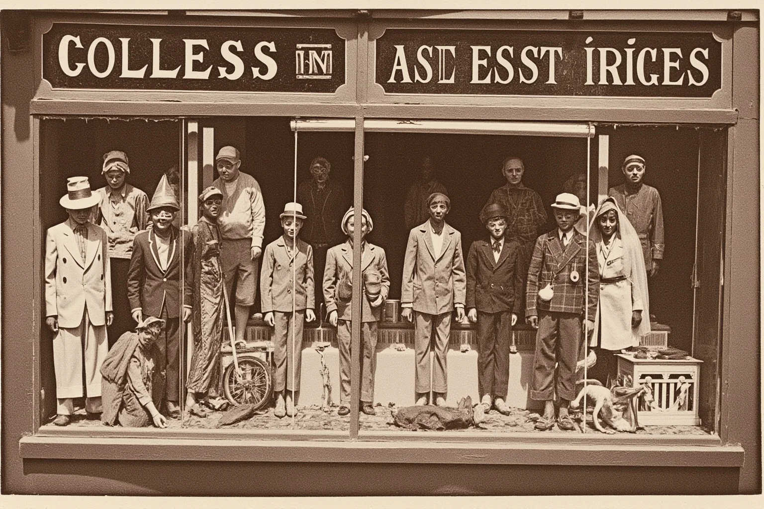 1930s shop window display with early mass-produced Halloween costumes and masks, vintage storefront, sepia-toned illustration, no text