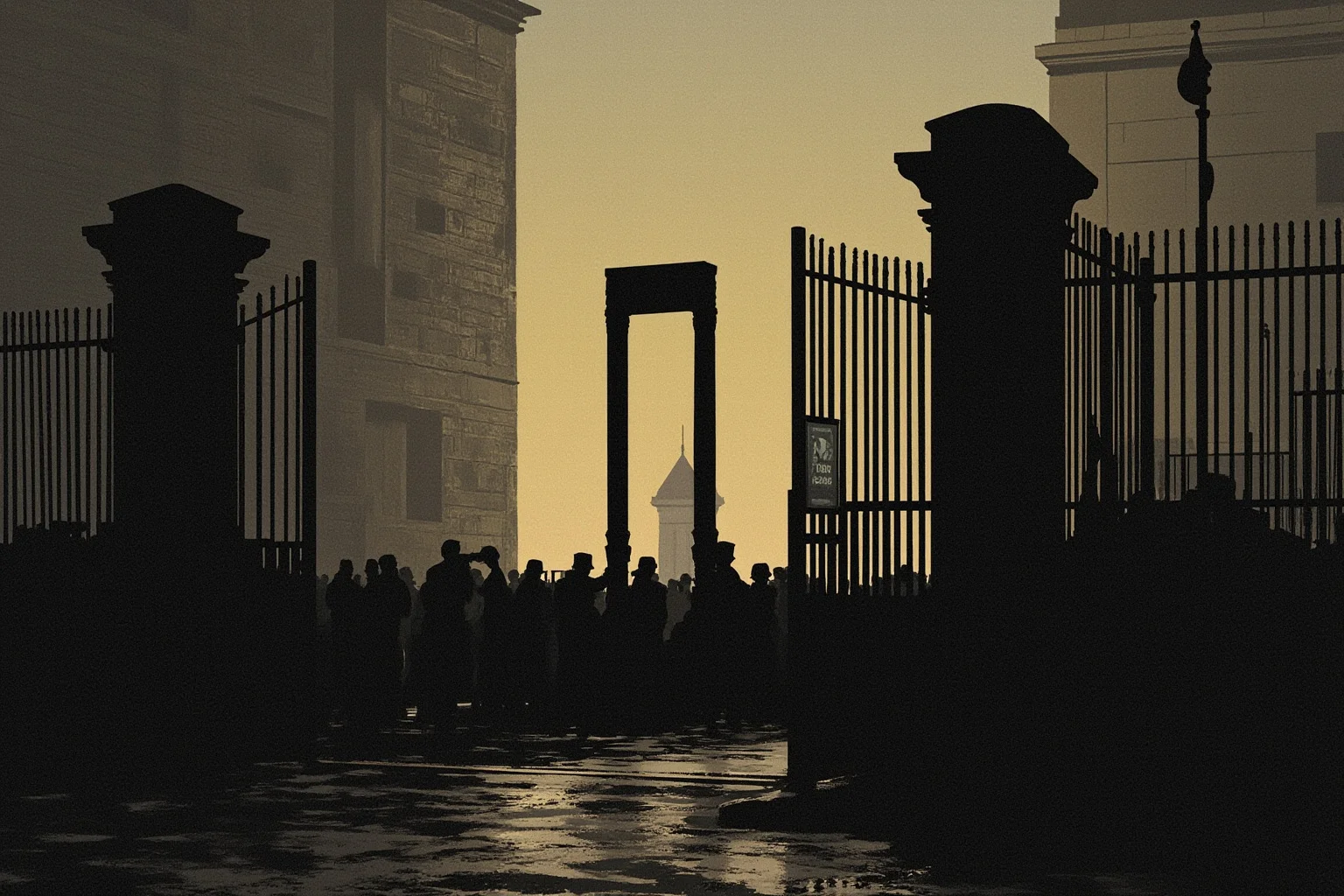 Executions Gone Horribly Wrong: 28 Botched Executions That Shocked History 8 1930s street scene illustration outside a French prison gate at dawn, crowds of spectators and photographers behind barriers, a guillotine silhouette in deep shadow, no recognizable faces.